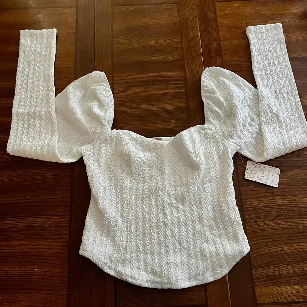 NWT FREE PEOPLE Brittany White Ribbed Puff Sleeve Top Large White Boho